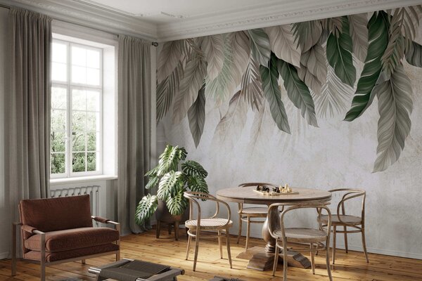 Tapet Frunze tropicale atârnate pe beton, Fototapet Natură, Fototapet Frunze, w05521 : Uwalls.ro