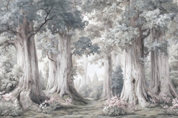 Tapet O pădure de basm, cu copaci înalți și o paletă de culori delicate, în stil acuarelă, Fototapet Natură, w09849 : Uwalls.ro