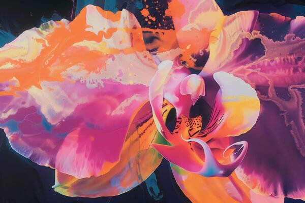 Tapet O floare de orhidee abstractă, plină de viață, cu culori intense și forme dinamice, în stil acuarelă, Fototapet Flori, w09855 : Uwalls.ro
