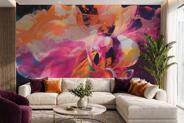 Tapet O floare de orhidee abstractă, plină de viață, cu culori intense și forme dinamice, în stil acuarelă, Fototapet Flori, w09855 : Uwalls.ro
