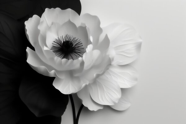 Tapet O floare albă, care contrastează cu centrul său întunecat, pe un fundal alb-negru, Fototapet alb-negru, w09852 : Uwalls.ro