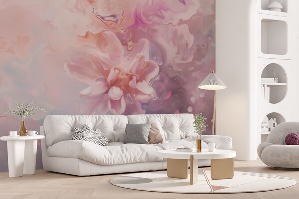 Tapet O compoziție abstractă cu o floare și nuanțe delicate de roz, în stil acuarelă, Fototapet Abstract, w09859 : Uwalls.ro