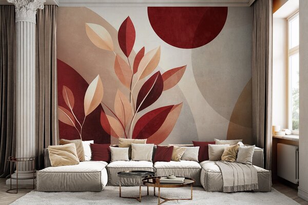 Tapet Frunze texturate în nuanțe de bordo și bej pe un fundal de forme abstracte, minimalism, artă, Imagini de fundal unice, w09829 : Uwalls.ro