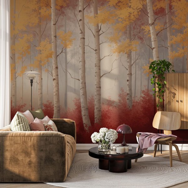 Tapet Toamna în ceață, Fototapet pădure, Fototapet Birches, w05577 : Uwalls.ro