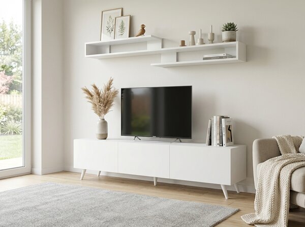 OFERTA Comoda TV MIYA 150 cm cu polita de perete, alb II. calitate