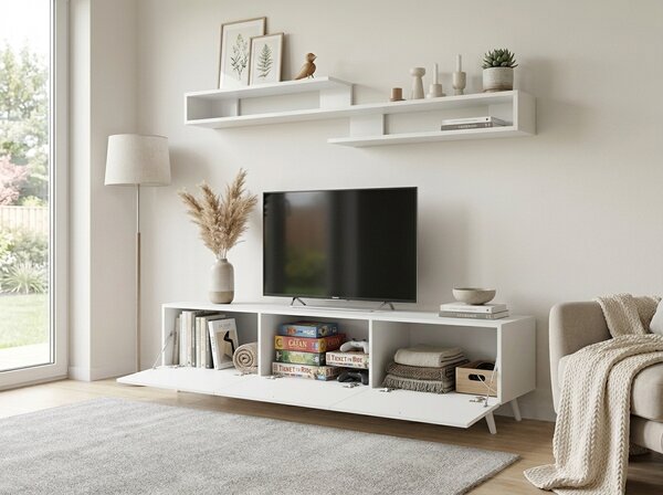 OFERTA Comoda TV MIYA 150 cm cu polita de perete, alb II. calitate