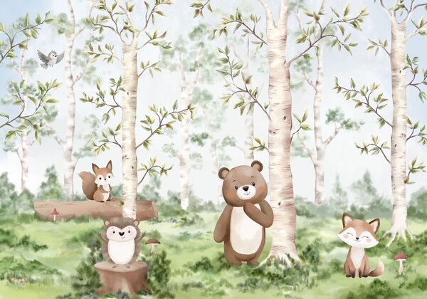 Tapet O ilustrație pentru copii cu o pădure în care apar un urs, o vulpe și un arici, Imagini de fundal unice, w05532 : Uwalls.ro
