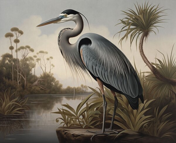 Tapet Stârcul lângă apă, printre plantele de pe mal, Fototapet Natură, w05572 : Uwalls.ro