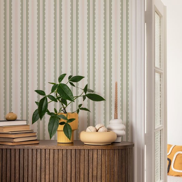 Tapet Dungi ondulate de culoare verde deschis cu puncte portocalii, Tapet geometrie, Tapet dungi, a01185v3 : Uwalls.ro