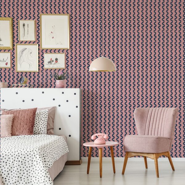 Tapet Model ondulat albastru închis pe fond roz, Tapet abstract, a01187 : Uwalls.ro