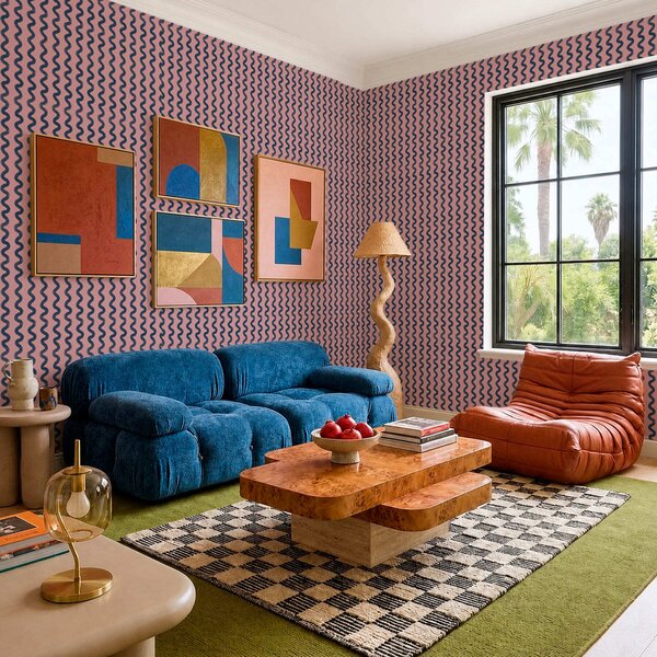 Tapet Model ondulat albastru închis pe fond roz, Tapet abstract, a01187 : Uwalls.ro
