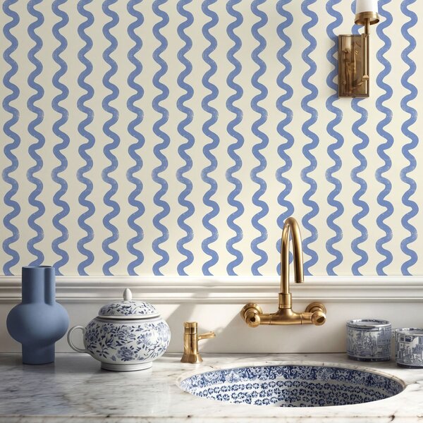 Tapet Model albastru ondulat pe fundal deschis, Tapet abstract, a01187v2 : Uwalls.ro
