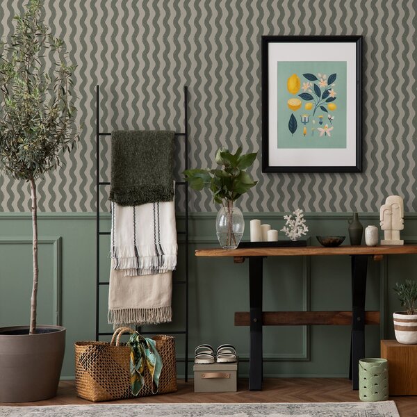 Tapet Model verde ondulat pe fundal deschis, Tapet geometrie, Tapet dungi, a01188v1 : Uwalls.ro