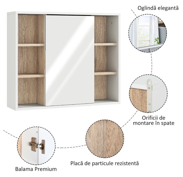 HOMCOM Dulap cu Oglinda din MDF si PAL, Dulap de Baie cu 3 Rafturi Laterale si Raft Interior Reglabil, 60x14.5x49.4 cm, Alb si Lemn Natur | Aosom RO
