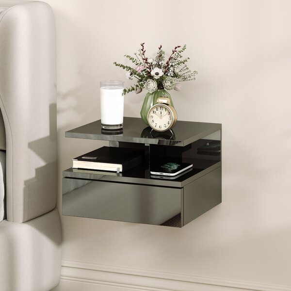 HOMCOM Set de 2 Noptiere Moderne Suspendate pentru Dormitor cu Sertar și Raft, 35x32x22,5 cm, Negru Lucios | Aosom Romania