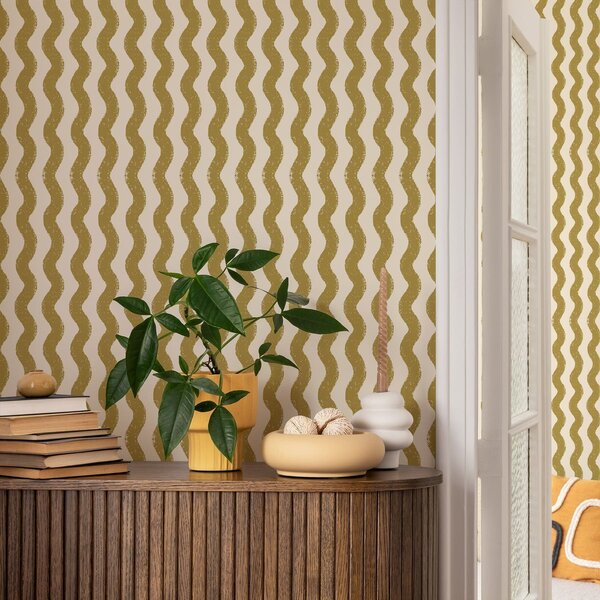 Tapet Model galben ondulat pe fond crem, Tapet geometrie, Tapet dungi, a01188v5 : Uwalls.ro