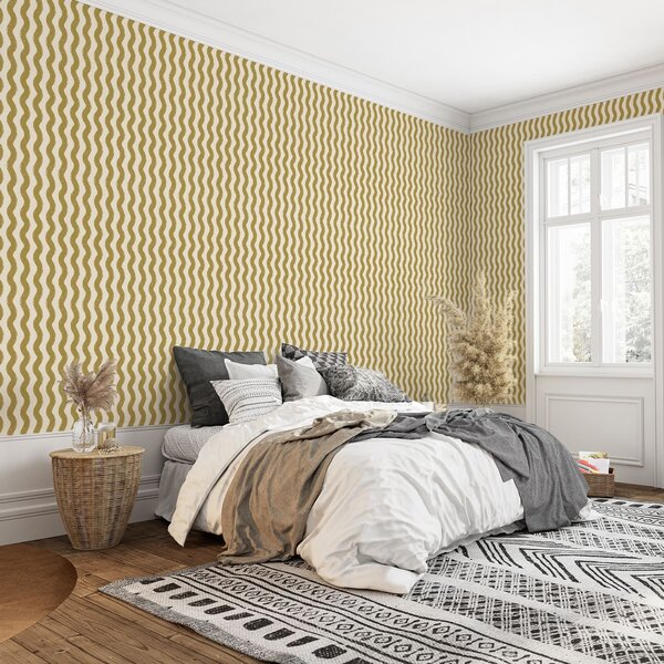 Tapet Model galben ondulat pe fond crem, Tapet geometrie, Tapet dungi, a01188v5 : Uwalls.ro
