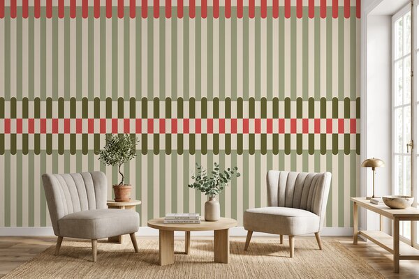 Tapet Model în dungi în nuanțe de verde și coral, Fototapet Geometrie, w05150v4 : Uwalls.ro