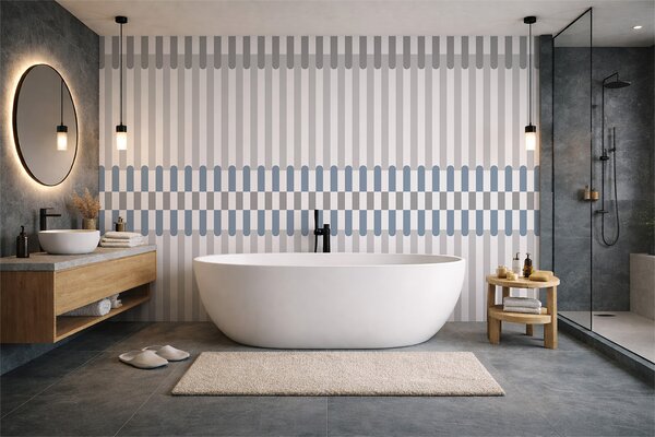 Tapet Model în dungi în nuanțe de gri și albastru, Fototapet Geometrie, w05150v6 : Uwalls.ro