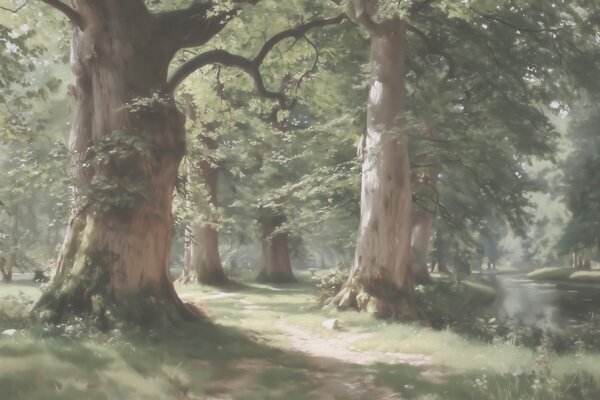 Tapet Peisaj de pădure de basm, într-o paletă delicată de verde-bej, în stil pictural, Fototapet Natură, w09845 : Uwalls.ro