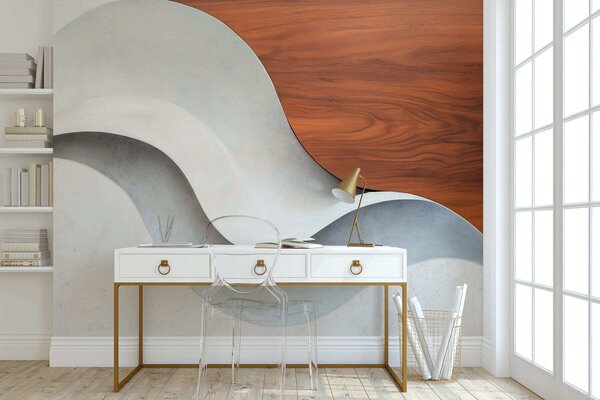 Tapet Valuri abstracte curgătoare, cu accente calde de lemn, într-un design contemporan minimalist, Fototapet Modern, w05599 : Uwalls.ro