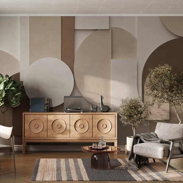 Tapet Forme geometrice bej cu textură, într-o compoziție 3D stratificată, decor de perete minimalist și, Fototapet Geometrie, w05598 : Uwalls.ro