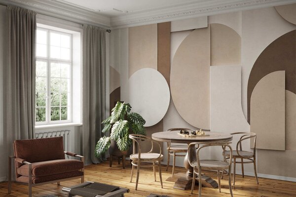 Tapet Forme geometrice bej cu textură, într-o compoziție 3D stratificată, decor de perete minimalist și, Fototapet Geometrie, w05598 : Uwalls.ro
