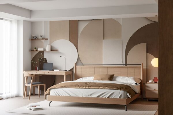 Tapet Forme geometrice bej cu textură, într-o compoziție 3D stratificată, decor de perete minimalist și, Fototapet Geometrie, w05598 : Uwalls.ro