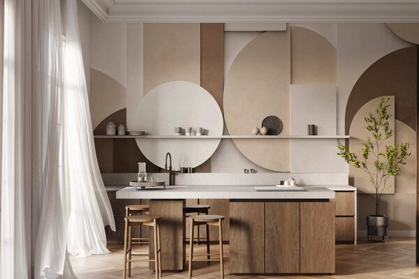 Tapet Forme geometrice bej cu textură, într-o compoziție 3D stratificată, decor de perete minimalist și, Fototapet Geometrie, w05598 : Uwalls.ro
