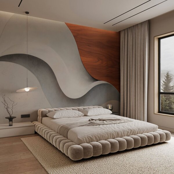 Tapet Valuri abstracte curgătoare, cu accente calde de lemn, într-un design contemporan minimalist, Fototapet Modern, w05599 : Uwalls.ro