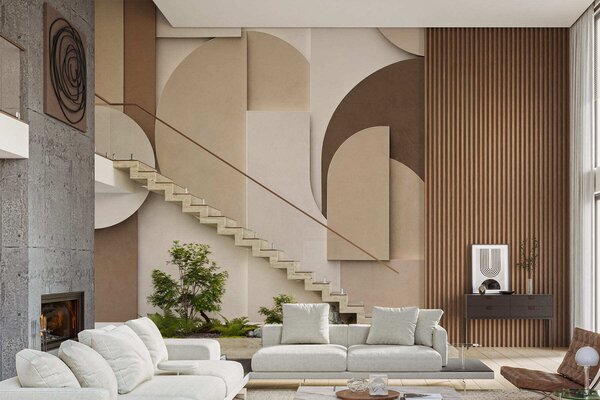 Tapet Forme geometrice bej cu textură, într-o compoziție 3D stratificată, decor de perete minimalist și, Fototapet Geometrie, w05598 : Uwalls.ro