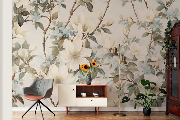 Tapet Flori delicate și frunze verzi, delicate, într-un stil pictural vintage, cu tușe subtile, Fototapet Flori, w05601 : Uwalls.ro