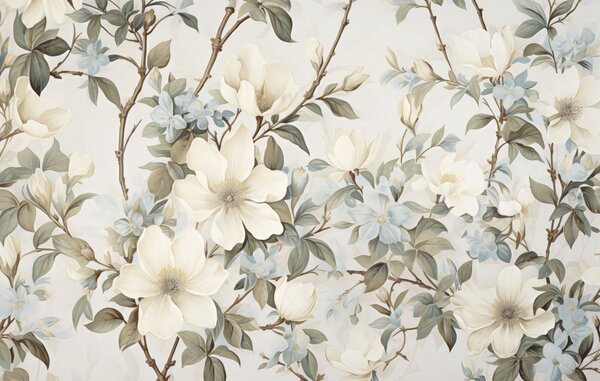 Tapet Flori delicate și frunze verzi, delicate, într-un stil pictural vintage, cu tușe subtile, Fototapet Flori, w05601 : Uwalls.ro