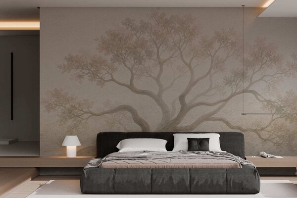 Tapet Peisaj minimalist cu copaci învăluiți în ceață, în nuanțe delicate de bej, o operă de artă cu o, Fototapet Natură, w05602 : Uwalls.ro