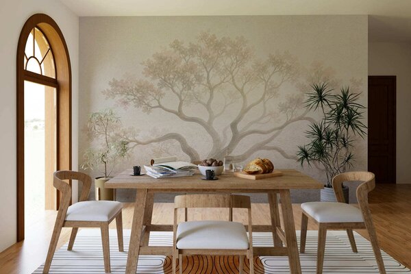 Tapet Peisaj minimalist cu copaci învăluiți în ceață, în nuanțe delicate de bej, o operă de artă cu o, Fototapet Natură, w05602 : Uwalls.ro