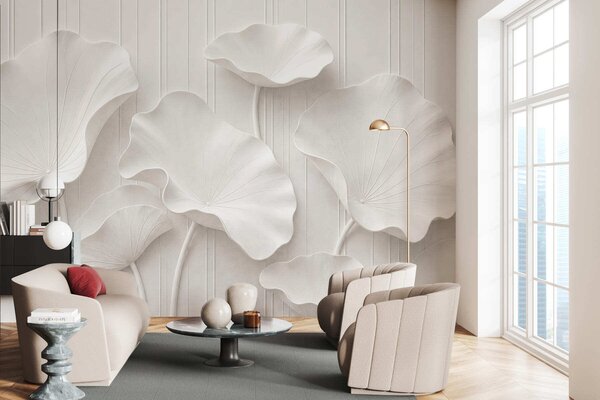 Tapet Relief floral sculptural alb, cu petale suprapuse, un decor de perete elegant în 3D, Fototapet 3D, w05604 : Uwalls.ro