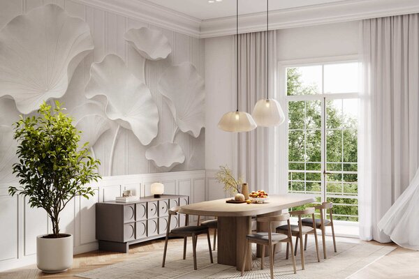 Tapet Relief floral sculptural alb, cu petale suprapuse, un decor de perete elegant în 3D, Fototapet 3D, w05604 : Uwalls.ro