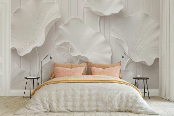 Tapet Relief floral sculptural alb, cu petale suprapuse, un decor de perete elegant în 3D, Fototapet 3D, w05604 : Uwalls.ro