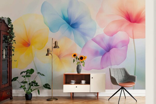 Tapet Flori colorate și translucide, în nuanțe delicate de pastel, cu un efect de acuarelă care te face să visezi, Fototapet Flori, w05607 : Uwalls.ro