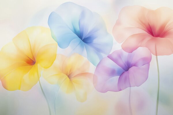 Tapet Flori colorate și translucide, în nuanțe delicate de pastel, cu un efect de acuarelă care te face să visezi, Fototapet Flori, w05607 : Uwalls.ro