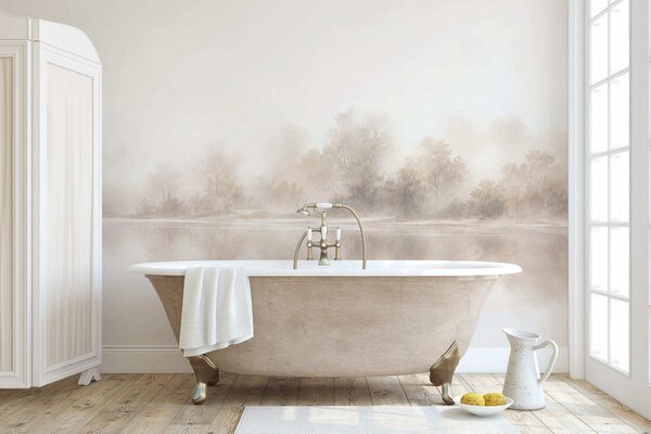 Tapet Peisaj minimalist în ceață, cu reflexii delicate în nuanțe neutre calde, Fototapet Natură, w05606 : Uwalls.ro
