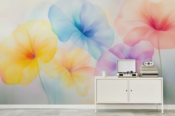Tapet Flori colorate și translucide, în nuanțe delicate de pastel, cu un efect de acuarelă care te face să visezi, Fototapet Flori, w05607 : Uwalls.ro