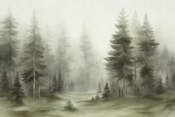 Tapet O pădure deasă cu pini înalți, învăluită într-o ceață ușoară, o compoziție artistică cu textură, Fototapet Natură, w09830v1 : Uwalls.ro