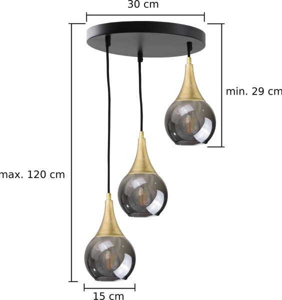 Lustră pe cablu LACRIMA SMOKY 3xE27/60W/230V d. 30 cm