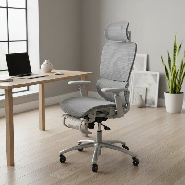 Scaun de birou ergonomic cu suport lombar dinamic, tetiera 3D si cotiere reglabile, mesh alb-gri