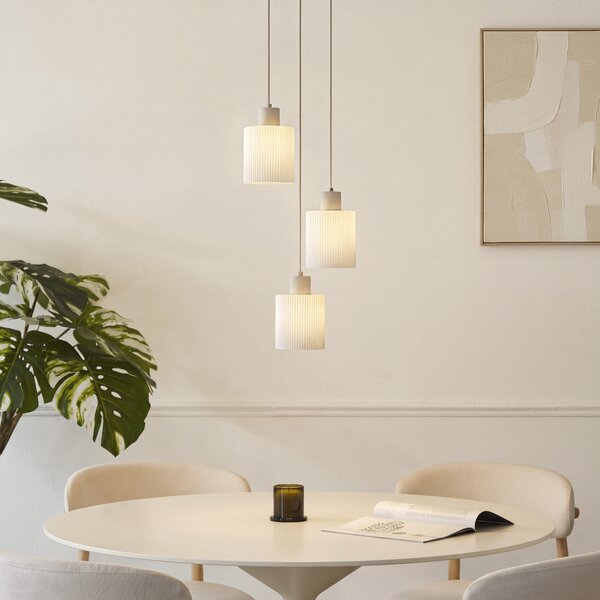 Lampă suspendată scandinavă bej cu sticlă albă rotundă cu 3 lumini - Wisp