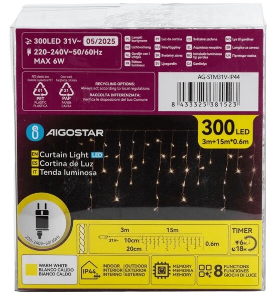 Lanț LED decorativ de exterior Aigostar 75xLED/6W/230V 15x0,6m IP44 alb cald