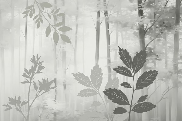 Tapet Siluete de vegetație pe fundalul unei păduri abstracte, Fototapet Natură, Fototapet Frunze, w05586v1 : Uwalls.ro