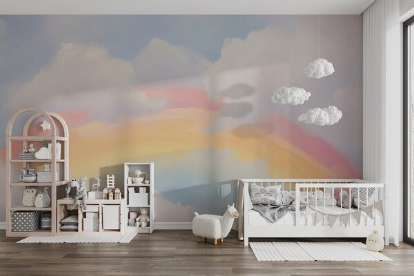 Tapet Un curcubeu abstract printre nori, imitație de pictură, Fototapet Pentru Copii, Rainbow pentru copiilor, w05592 : Uwalls.ro