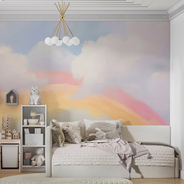 Tapet Un curcubeu abstract printre nori, imitație de pictură, Fototapet Pentru Copii, Rainbow pentru copiilor, w05592 : Uwalls.ro